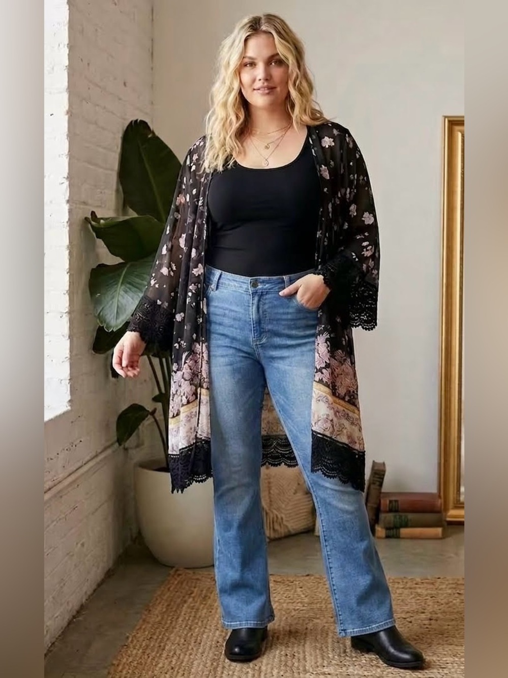 Rewind Floral Open Front Crochet Trim Kimono Cardigan XL - Picture 1 of 8